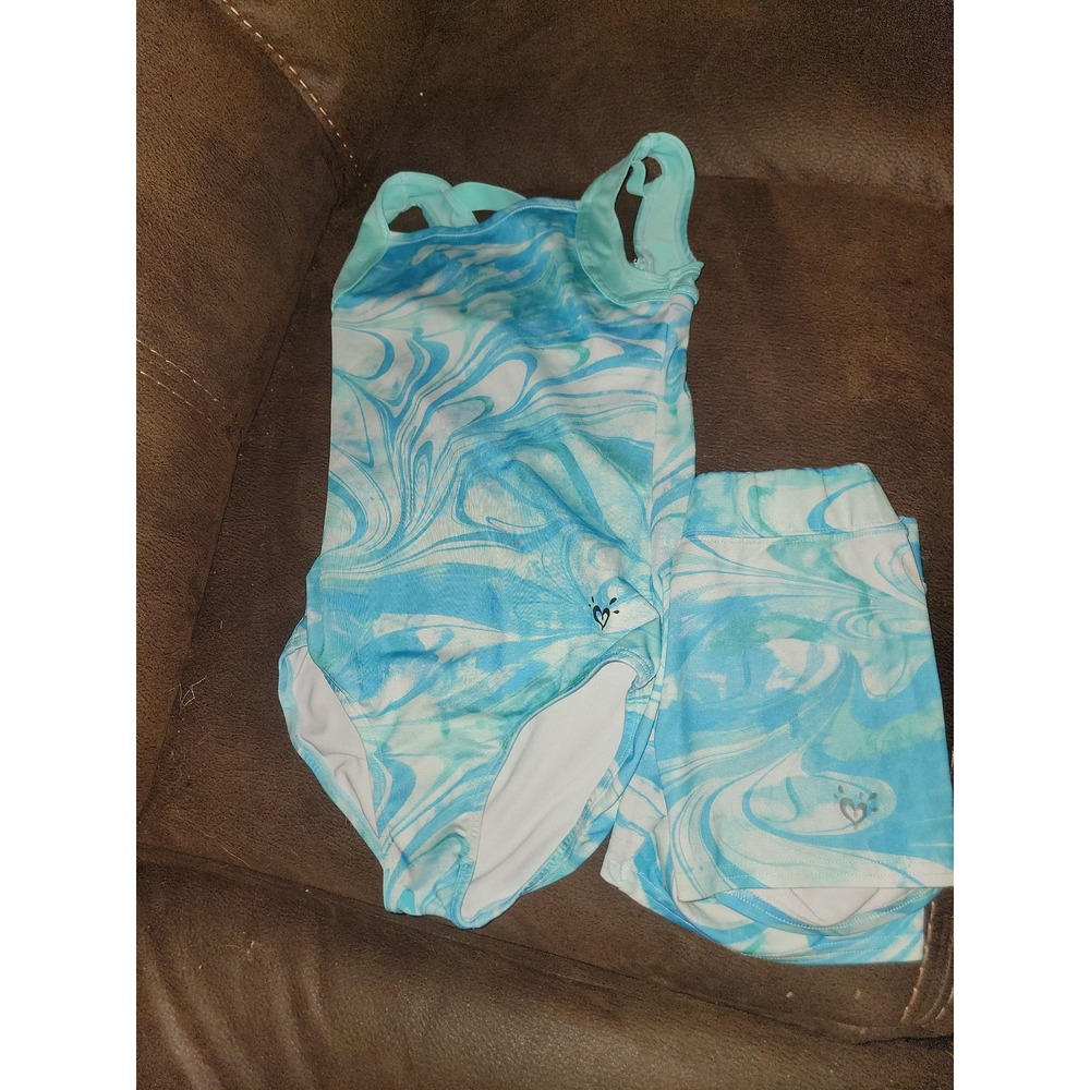 Justice active gymnastics dance leotard blue swirl leotard size 10 and shorts 8